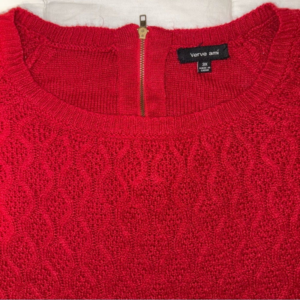 Verve Ami Red Crew Neck Sweater with Textured Knit & Zipper Detail on Back